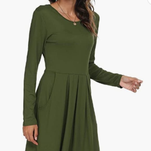 Women's Casual Long Sleeve Flowy Pleated Fall Dresses with Pockets - Picture 1 of 7
